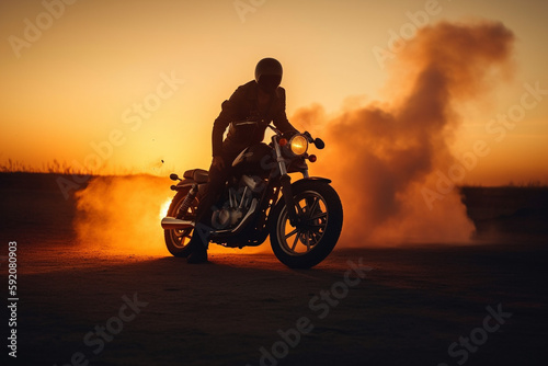 Dark motorbiker staying on motorcycle in sunset light