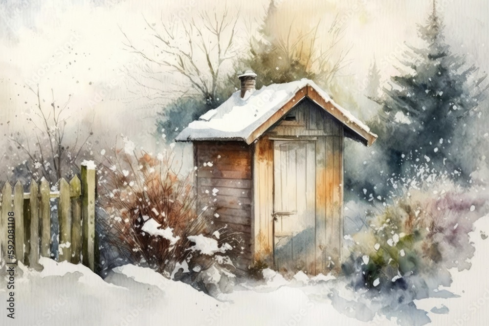 outhouse in a snowy landscape. Generative AI outhouse in a snowy landscape. Generative AI