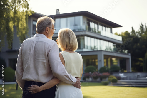 wealthy couple standing in front of a home