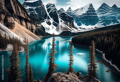Beautiful turquoise waters, Moraine lake, snow covered Rocky Mountains, and blurred trees in front are all visible in Banff National Park, Alberta, Canada. Generative AI