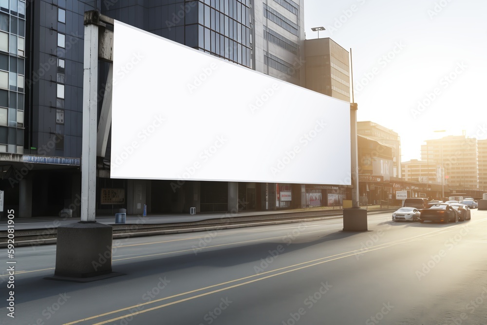 Blank billboard. Mockup. Blank banner. Outdoor billboard mockup, outdoor advertising poster with city and sky background. Generative AI