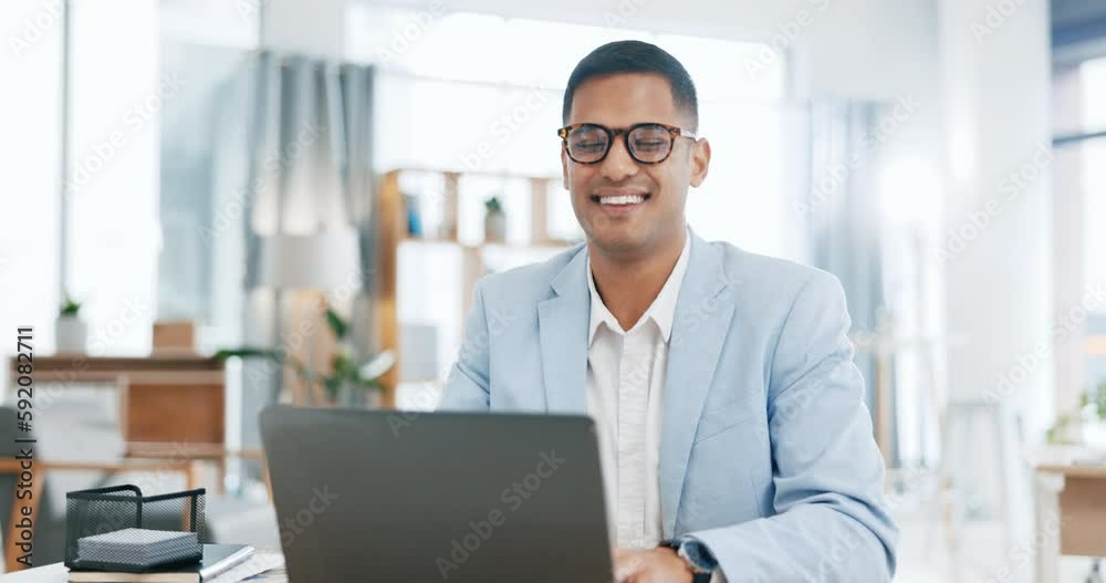 Office, happy and business man with laptop at desk for research proposal, project and working online. Corporate, professional and portrait of happy male worker with motivation, pride and computer Office, happy and business man with laptop at desk for research proposal, project and working online. Corporate, professional and portrait of happy male worker with motivation, pride and computer
