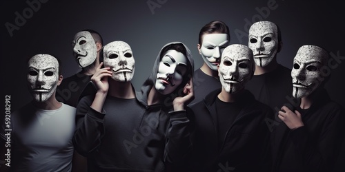thought provoking image group of people wearing masks or disguises raising questions about identity and secrecy created with Generative AI technology