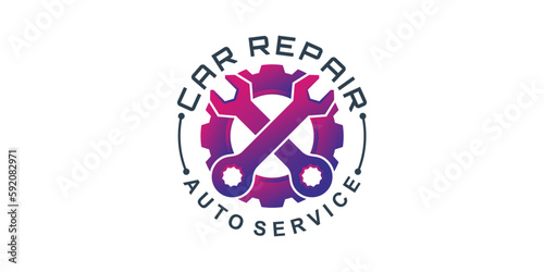 Abstract car repair logo with Gear and wrench mechanic logo design vector icon Premium Vektor