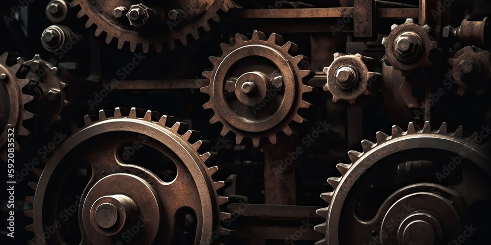 gears and machinery at work interlocked and moving in perfect synchronization showcasing the intricacy and precision of industrial technology, created with Generative AI technology gears and machinery at work interlocked and moving in perfect synchronization showcasing the intricacy and precision of industrial technology, created with Generative AI technology