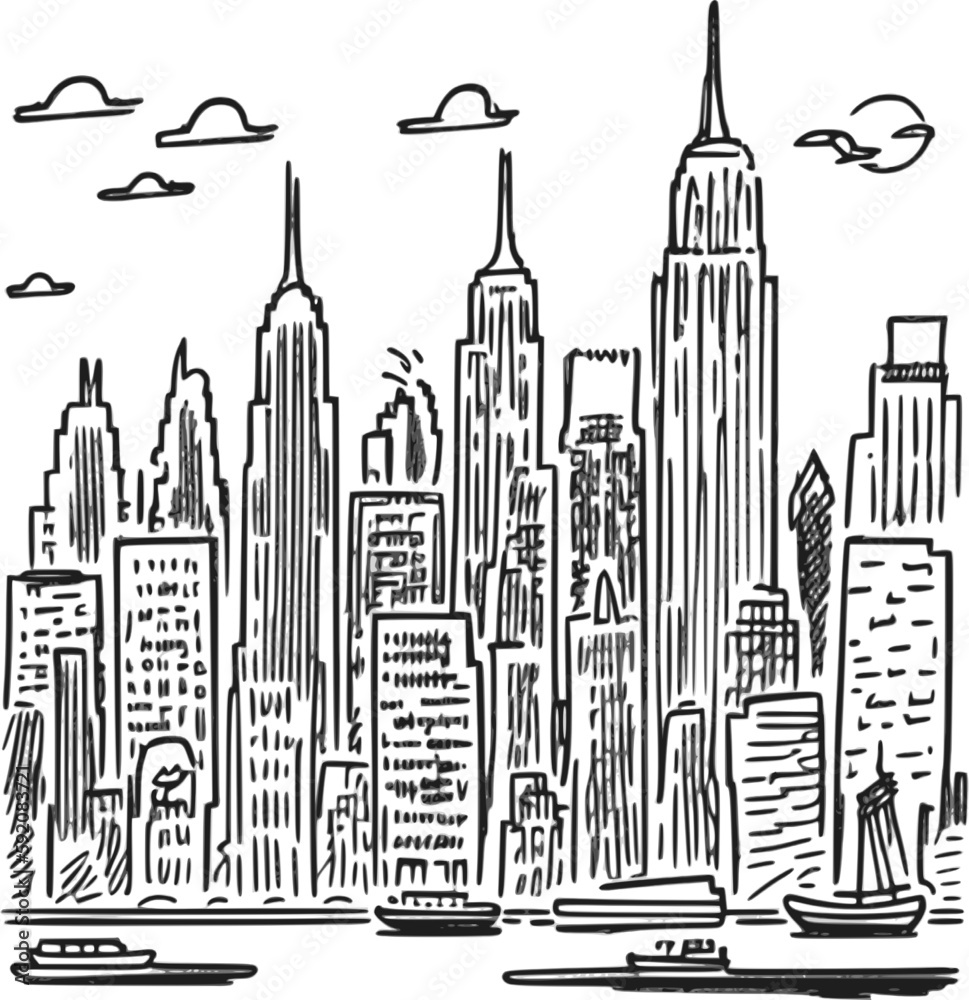 Doodle sketch of New York City skyline. Hand drawn vector illustration.