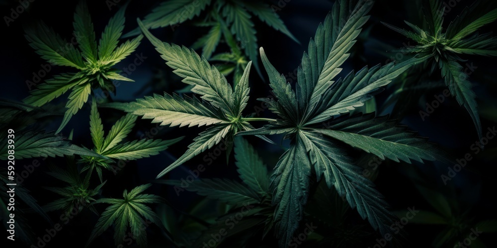 Cannabis Sativa Leaves On Dark. Medical Legal Marijuana. AI generated, human enhanced. Cannabis Sativa Leaves On Dark. Medical Legal Marijuana. AI generated, human enhanced.