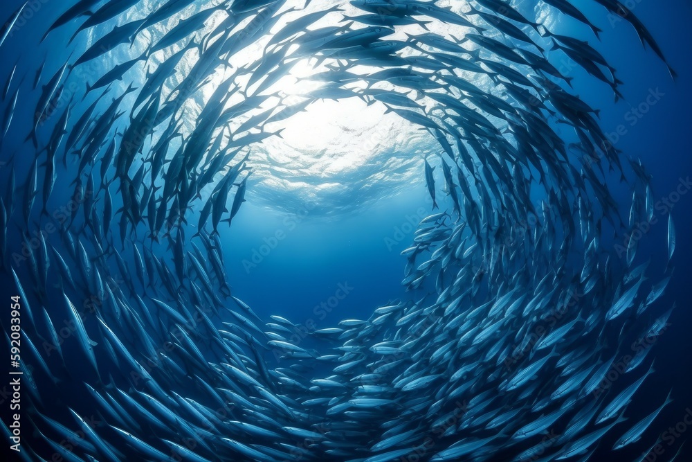 School of fish swimming under water of sea. School sardinella fish swims in underwater. AI generated, human enhanced School of fish swimming under water of sea. School sardinella fish swims in underwater. AI generated, human enhanced