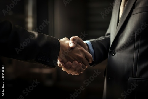 Two businessmen shake hands. Handshake deal symbol. Business concept. Contract signing. AI generated, human enhanced