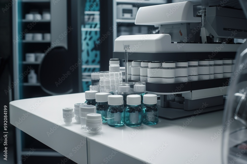 bottles for pharmaceutical and healthcare medication and drug research labs concepts. Generative Ai bottles for pharmaceutical and healthcare medication and drug research labs concepts. Generative Ai