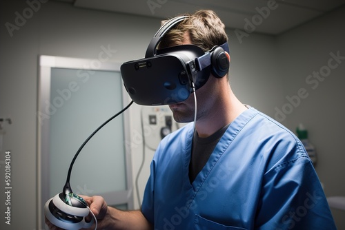 A doctor in a virtual reality simulation glasses makes a surgery opperation. Generative ai photo