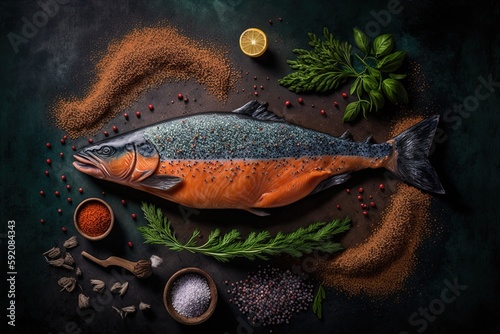 Spicy salmon, seen from above Generative AI photo