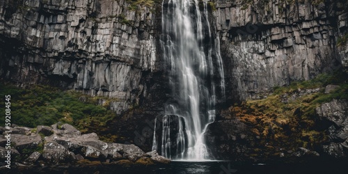 waterfall cascading down a rocky cliff reminding us of incredible power and majesty of nature, created with Generative AI technology