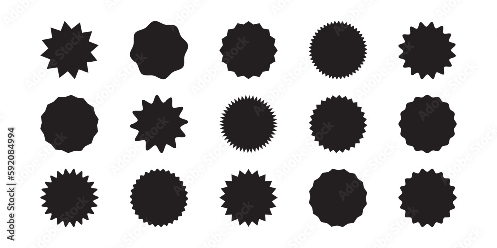 Sticker starburst shape, badge star, sale round vector icon, price circle, sun label, black tag isolated on white background. Award and medal , achievement collection. Simple illustration - obrazy, fototapety, plakaty 
