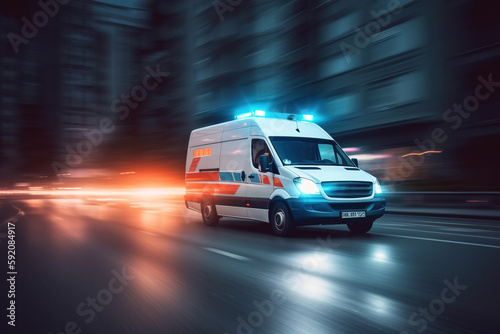 an ambulance quickly goes to the victim s call  blurred night street city in motion. Generative Ai