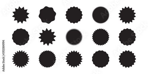 Sticker starburst shape, badge star, sale round vector icon, price circle, sun label, black tag isolated on white background. Award and medal , achievement collection. Simple illustration