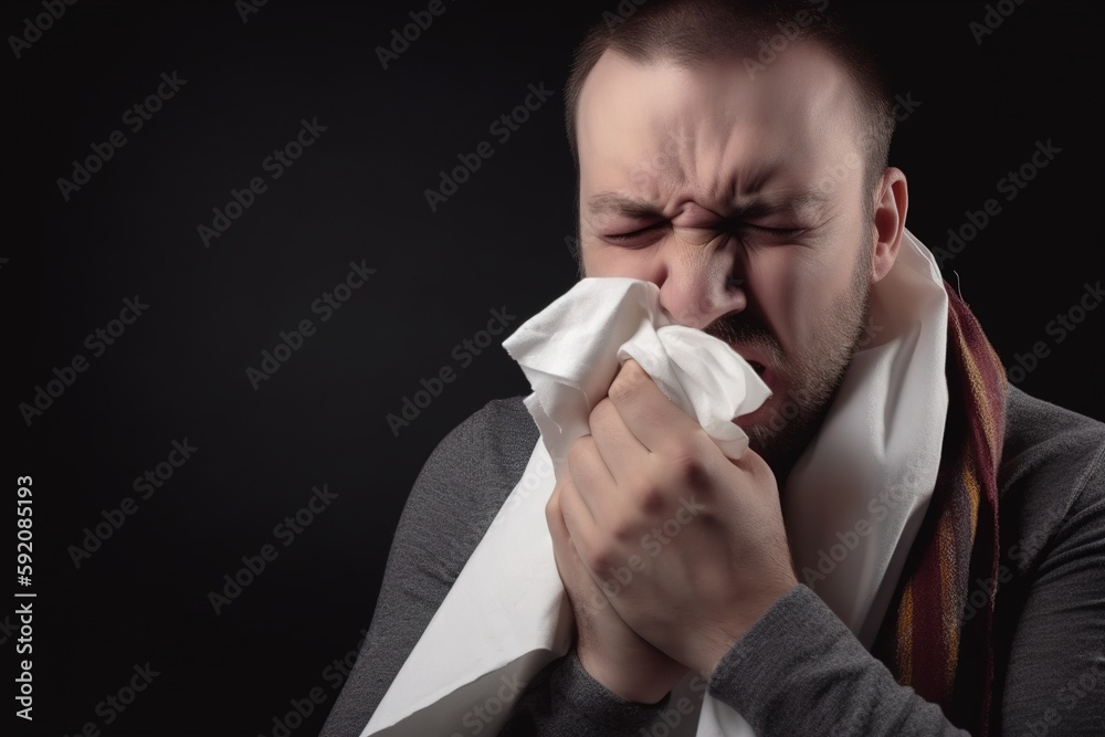 The man has a nosebleed and uses a handkerchief to blow his nose. Generative Ai The man has a nosebleed and uses a handkerchief to blow his nose. Generative Ai