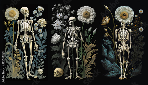 Vintage bohemian skeleton in flowers on black background. Floral magic boho set illustrations for day of the death or halloween. Generative AI