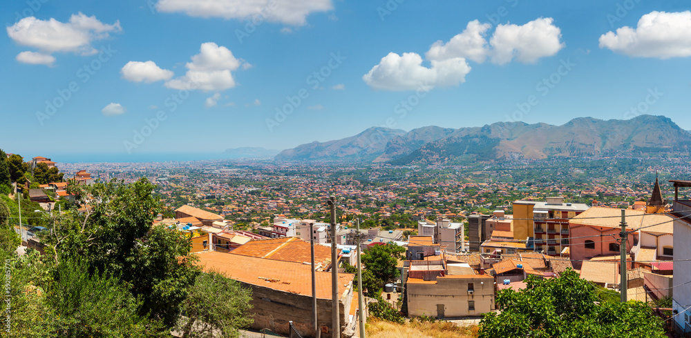 Palermo City and Tyrrhenian sea bay view from the Monreale town, Sicily, Italy.