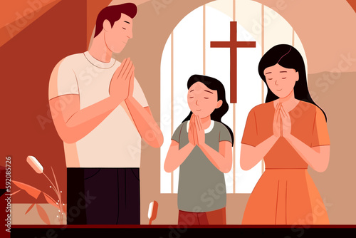 Young family with child keep hands in prayer have worship time in evangelical church. Parents with small kid pray to God in chapel. Worship and religion. Faith concept. Flat vector illustration