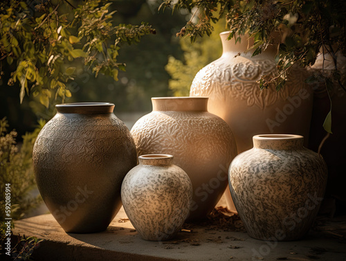 Elegant decorative vases in a tranquil nature-inspired setting