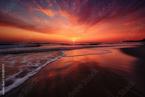 Ocean Sunset: Serene Beach View with Setting Sun - generative ai
