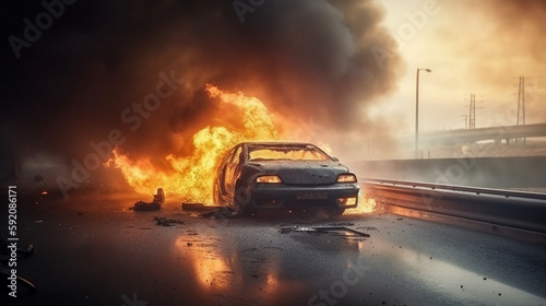 Car on the road with a big fire in the background.generative ai © S...