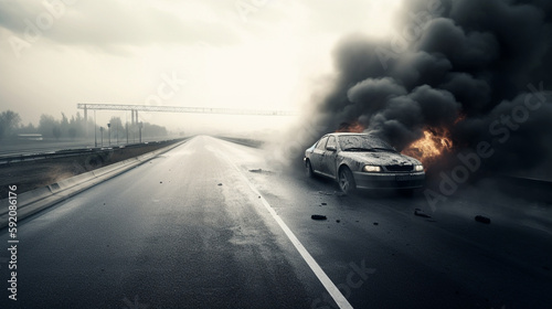 Car on the road with a big fire in the background.generative ai
