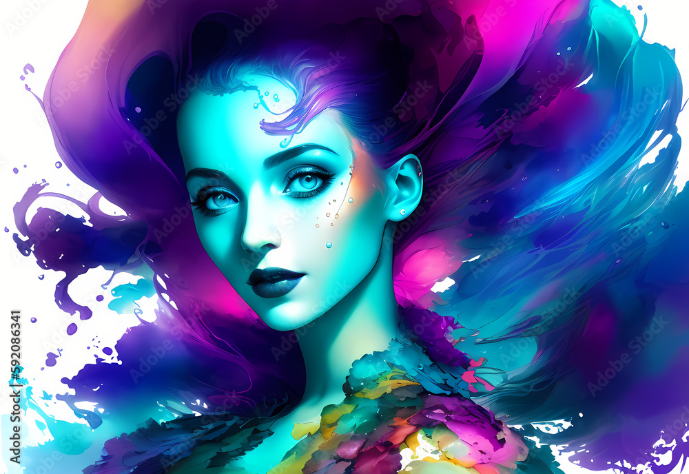 abstract colorful underwater ink art of a beautiful woman, romantic lighting,  generative ai generativ ki, digital painting, watercolor, aquarelle