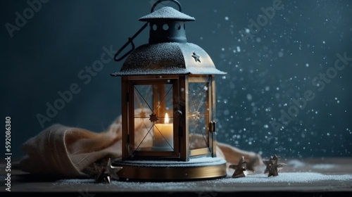 Lantern on a wooden background in the snow with bokeh.generative ai