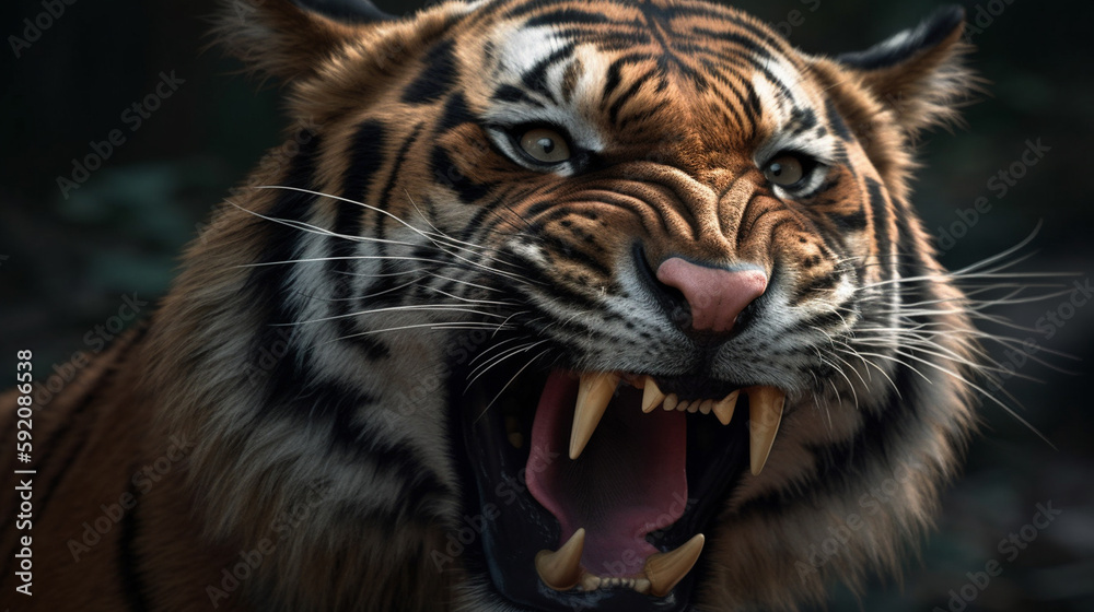 Fototapeta premium Close up of a tiger with open mouth on a black background.generative ai