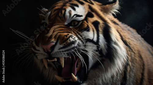 Close up of a tiger with open mouth on a black background.generative ai © S...