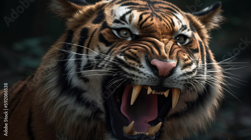 Close up of a tiger with open mouth on a black background.generative ai