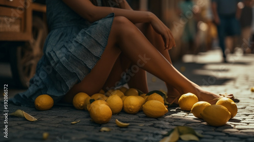 Close up of a young woman sitting on the pavement with lemons.generative ai