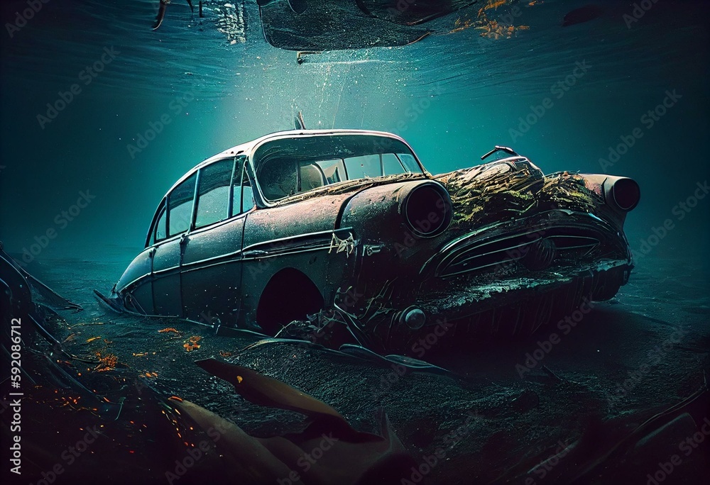 Fototapeta An old car submerged and illuminated by sunlight deep within