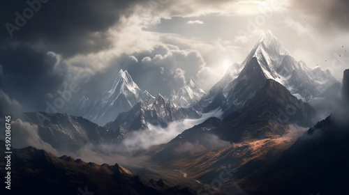 Fantasy Landscape with mountains and clouds.generative ai