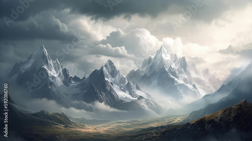 Fantasy Landscape with mountains and clouds.generative ai