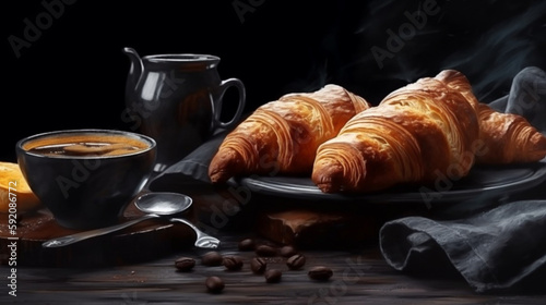 Coffee and croissants on a black background.generative ai