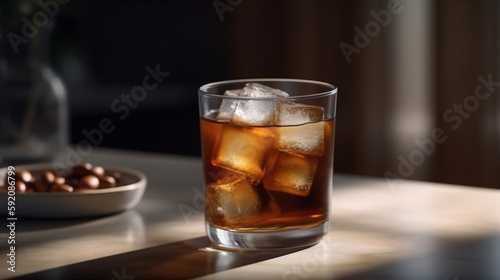 A glass of whiskey with ice cubes on a wooden table.generative ai