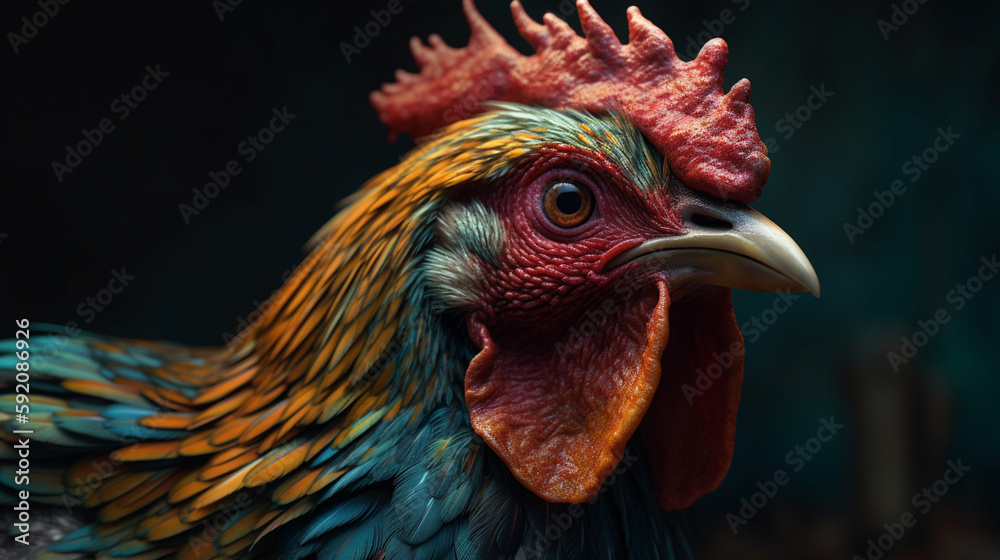 Portrait of a rooster on a dark background close-up.generative ai