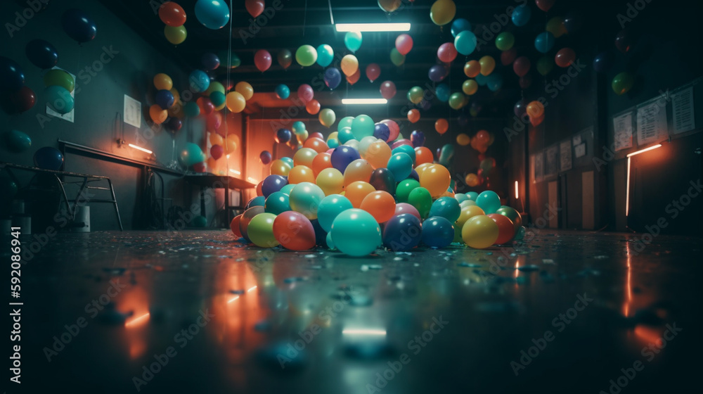 Multicolored balloons on the floor in a dark room.generative ai