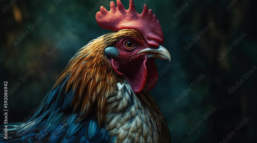 Portrait of a rooster on a dark background close-up.generative ai
