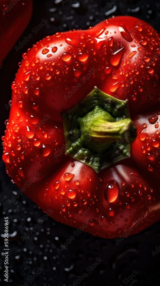 Tasty Red Pepper Paprika Vegetable – fresh raw organic food ingredients with dewdrops photographed on a dark background