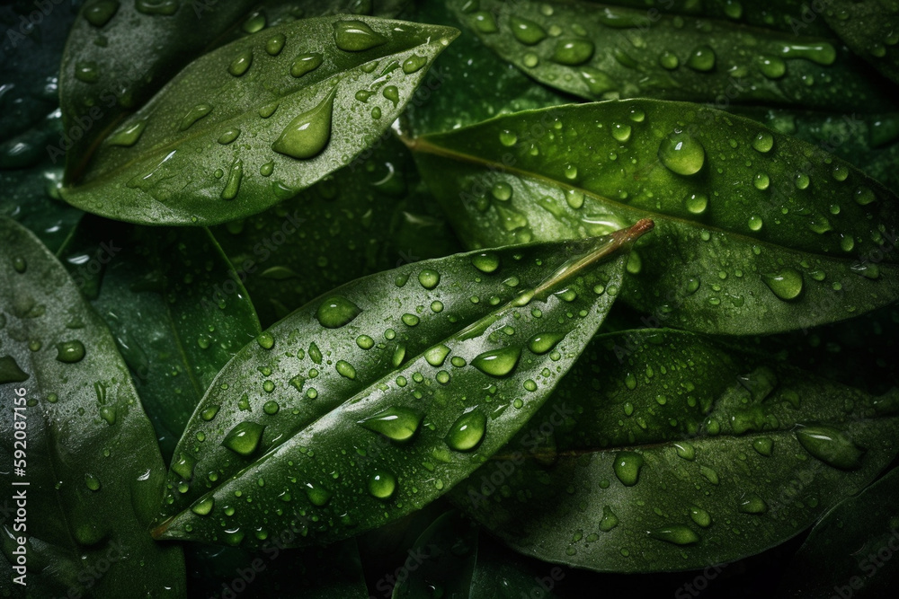 Fototapeta premium Fresh spices leaves background, adorned with glistening droplets of water. Top down view. Soft shadows. Generative AI