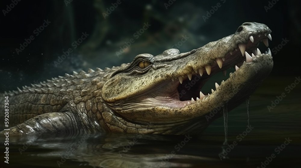 Fototapeta premium Crocodile in the rainforest. Tropical crocodile.generative ai