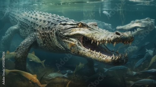 Crocodile in the rainforest. Tropical crocodile.generative ai © S...