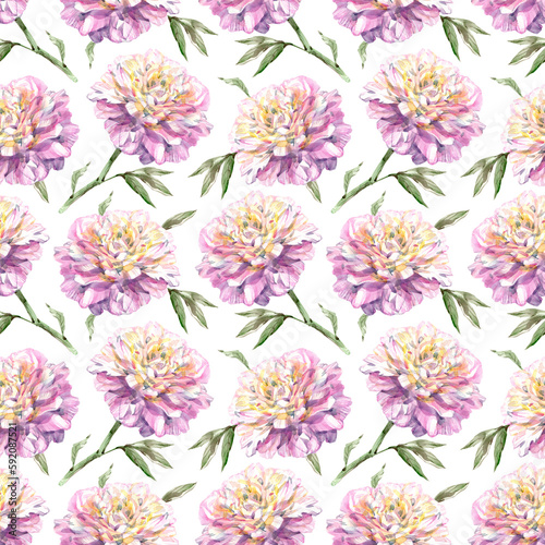 Watercolor illustration of seamless pattern with peony flowers isolated on white background.