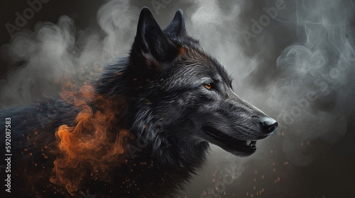 Fantasy portrait of a wolf in smoke on a dark background.generative ai