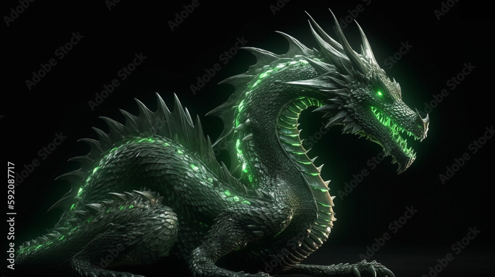 Obraz premium fantasy dragon isolated on black background with lights.generative ai