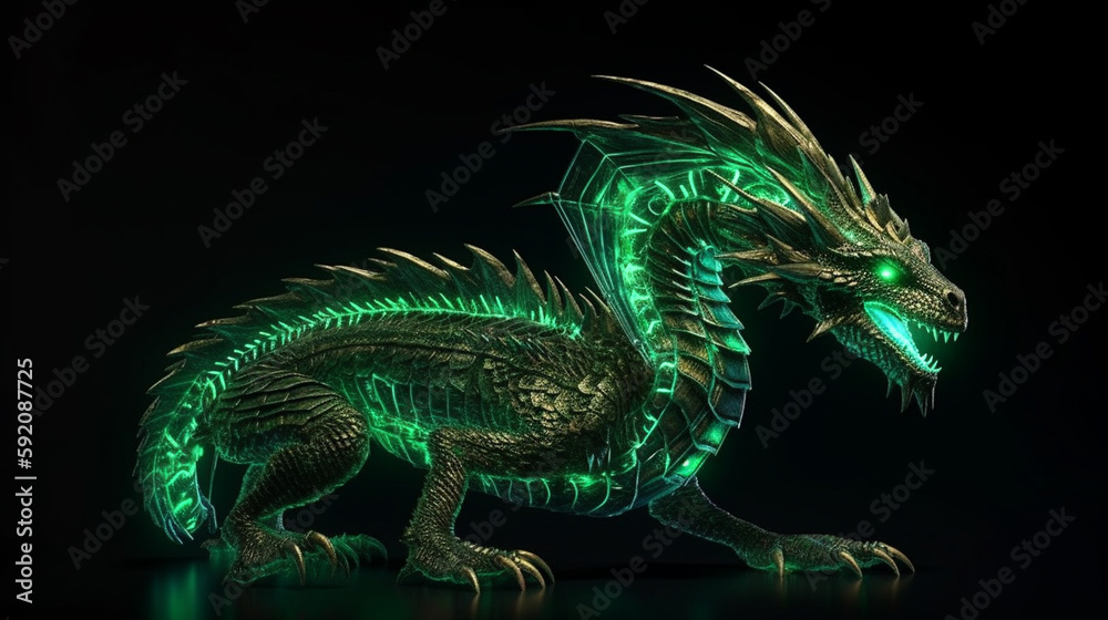 Fototapeta premium fantasy dragon isolated on black background with lights.generative ai